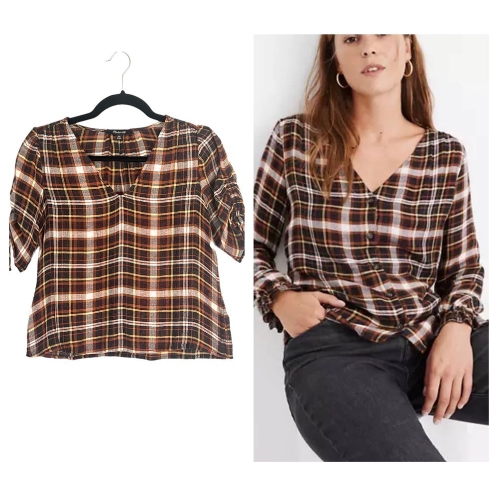 madewell Plaid Cinch Sleeve Top in Gwen Plaid Faded Rust Size XXS